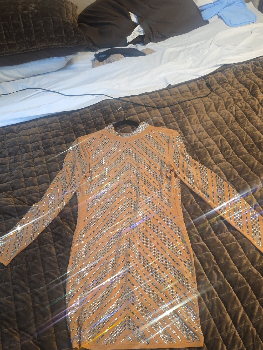 AKIRA Tan Sequin-Embellished Open Dress